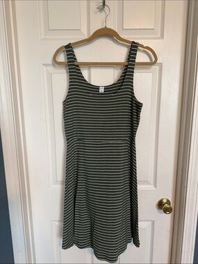 Old Navy Olive Green and White Striped Midi Tank Dress